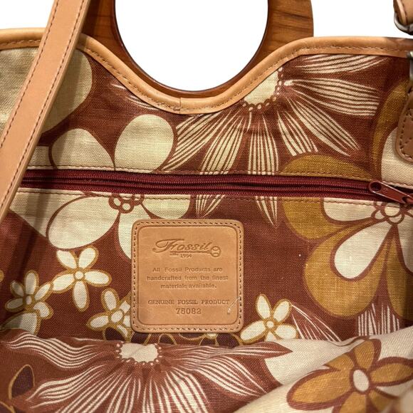 Fossil 75082 Brown Woven Straw Wood Key Charm Tote Handle Bag w crossbody strap - Picture 4 of 5